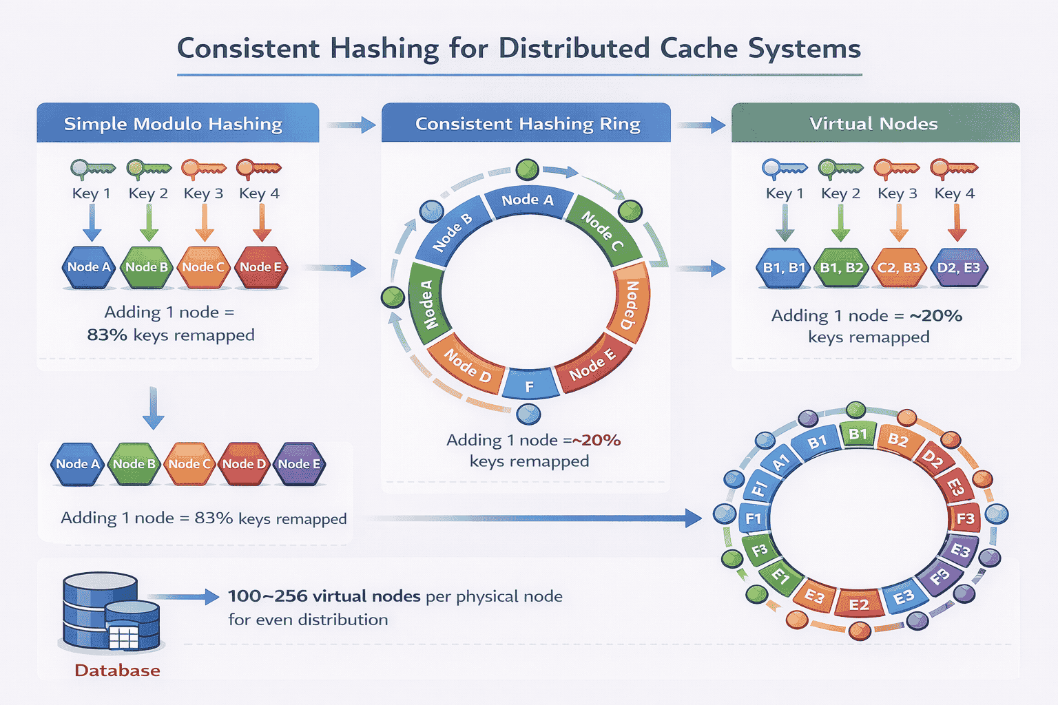 Generated with AI and Author: Visual explanation of consistent hashing with virtual nodes