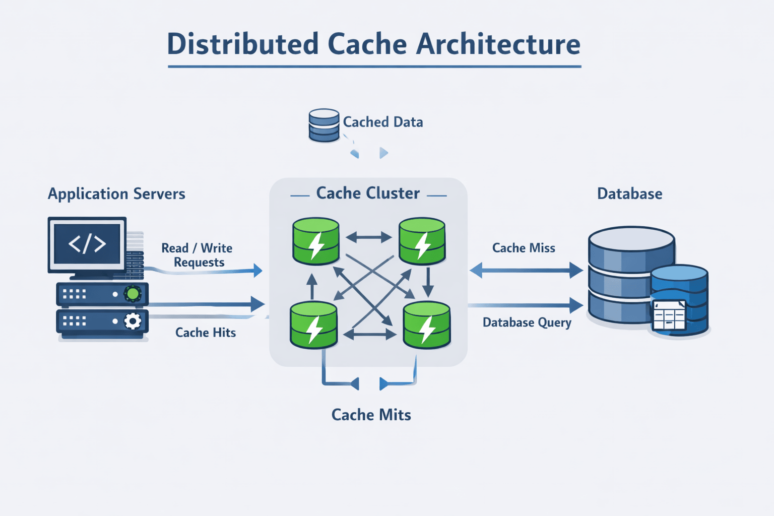 Generated with AI and Author: Vector illustration showing distributed cache architecture with interconnected nodes and data flow