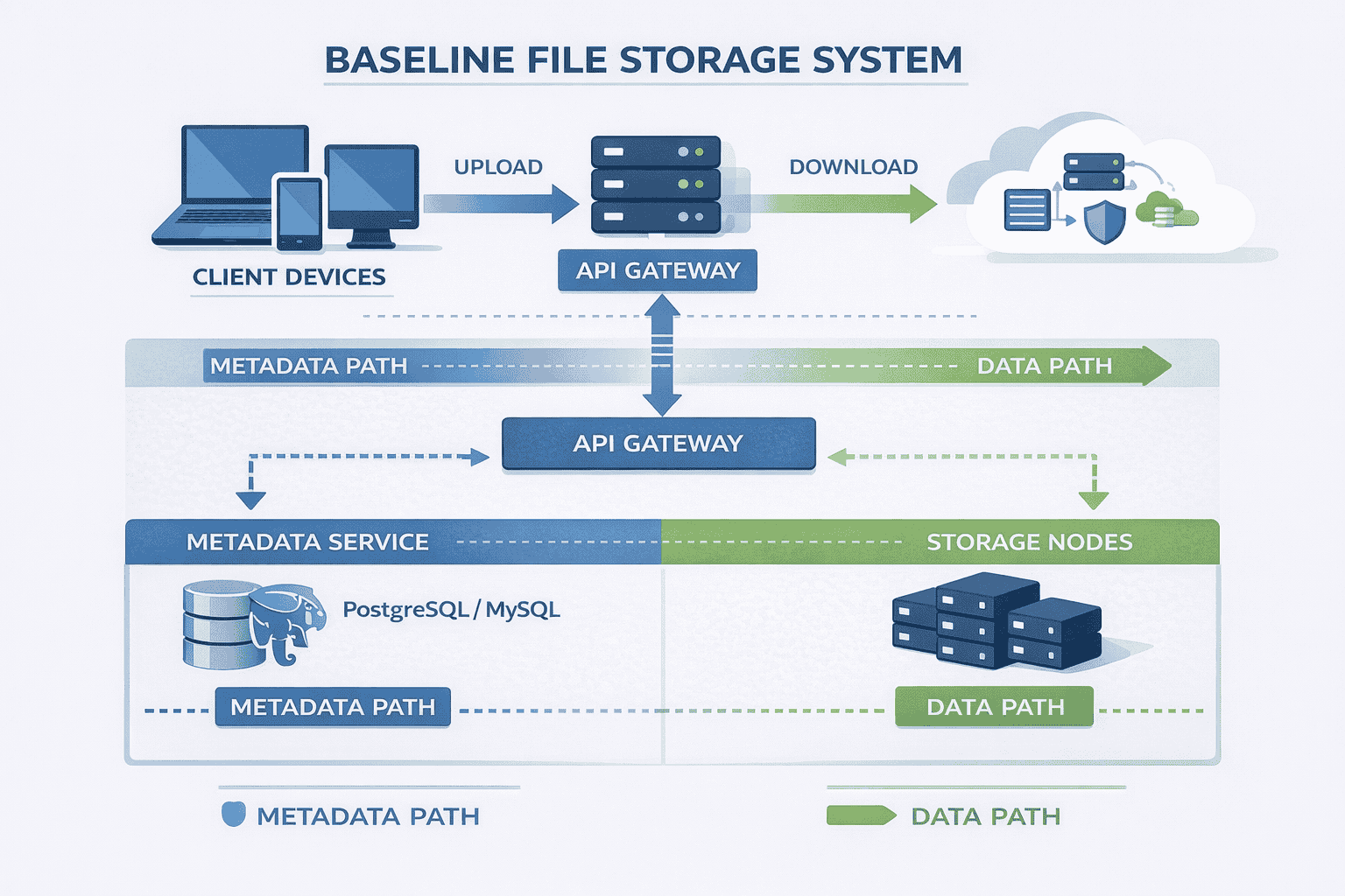 Generated with AI and Author: Simple architecture diagram showing API gateway, metadata service, and storage nodes