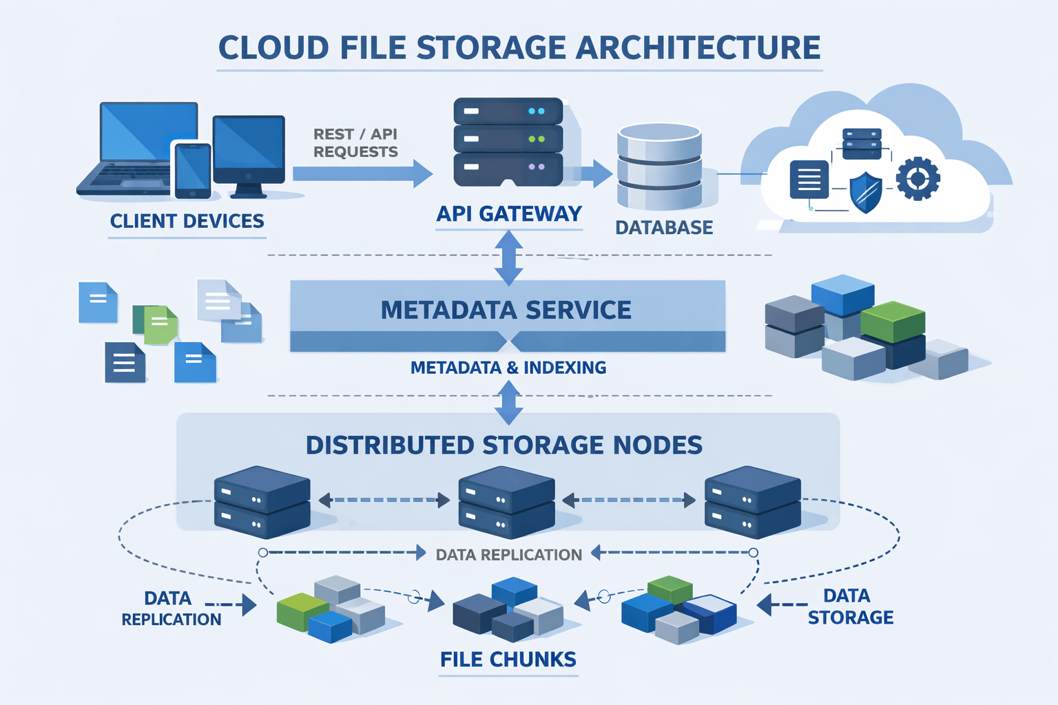 Generated with AI and Author: Vector illustration of cloud file storage architecture with servers, data chunks, and metadata services