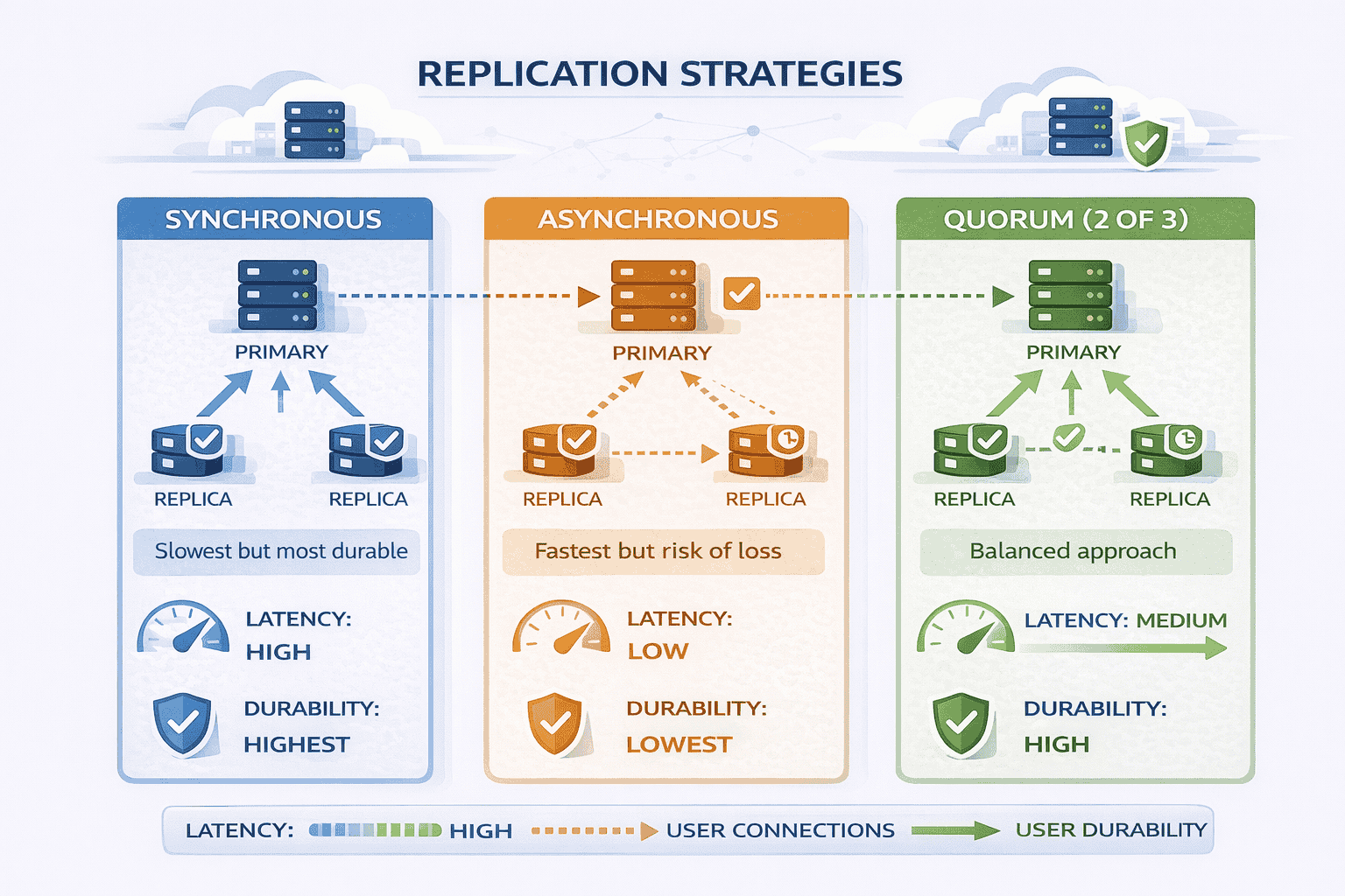 Generated with AI and Author: Visual comparison of synchronous, asynchronous, and quorum replication