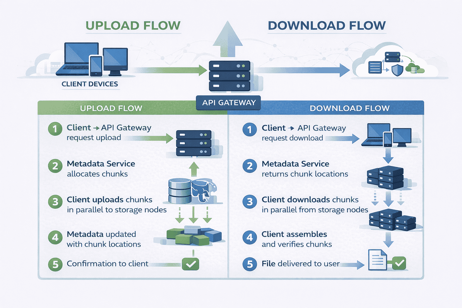 Generated with AI and Author: Side-by-side comparison of upload and download flows