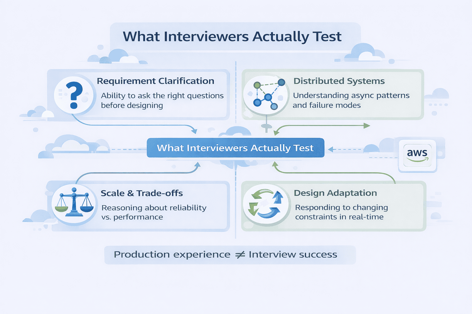 Generated with AI and Author: Vector-style infographic showing the four core evaluation criteria for notification system interviews with icons representing requirement clarification, distributed systems understanding, scale reasoning, and design adaptation