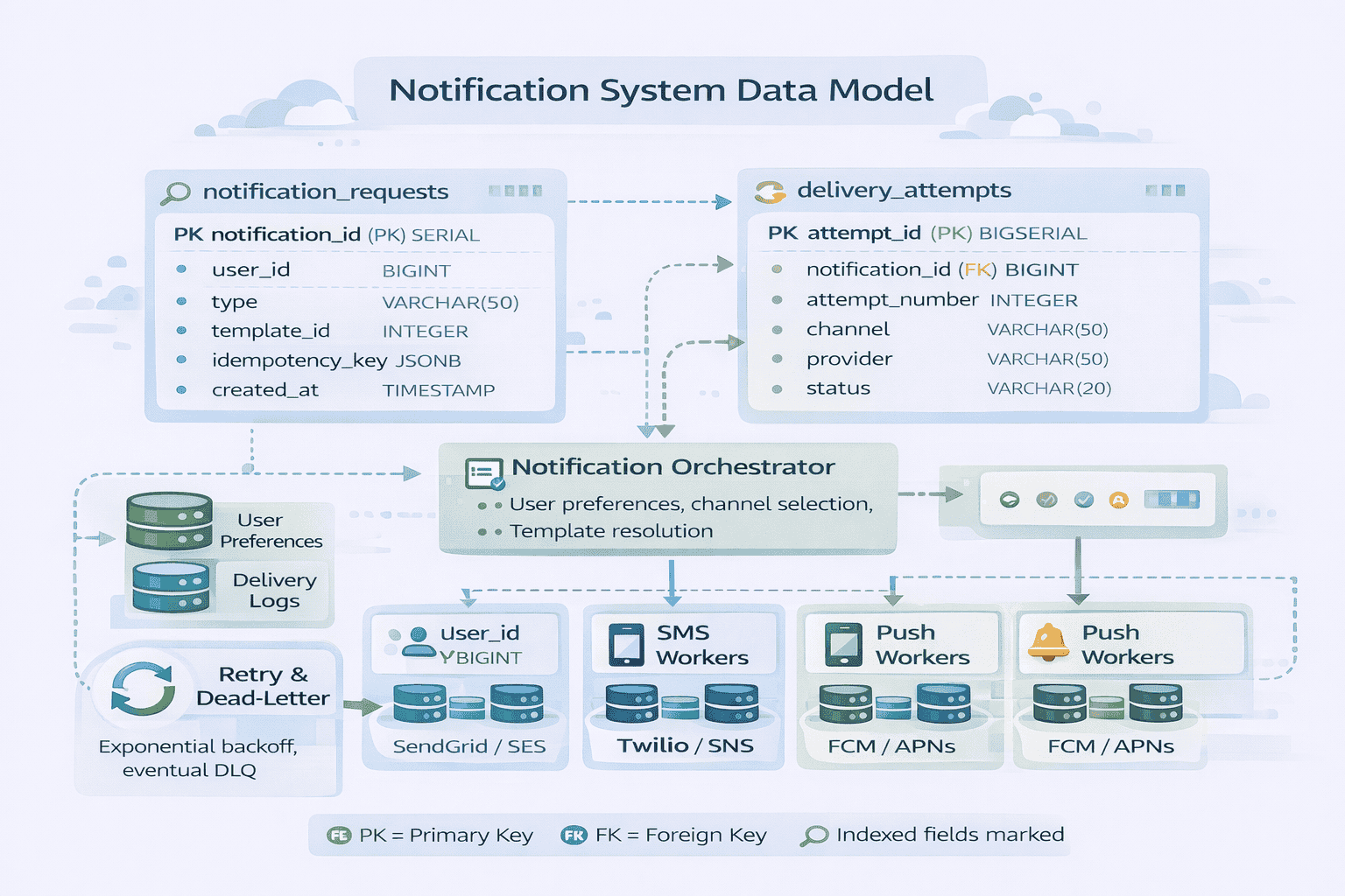 Generated with AI and Author: Vector-style entity-relationship diagram showing notification system data model with four main tables: notification_requests, delivery_attempts, user_preferences, and notification_status, with clear relationships and key fields