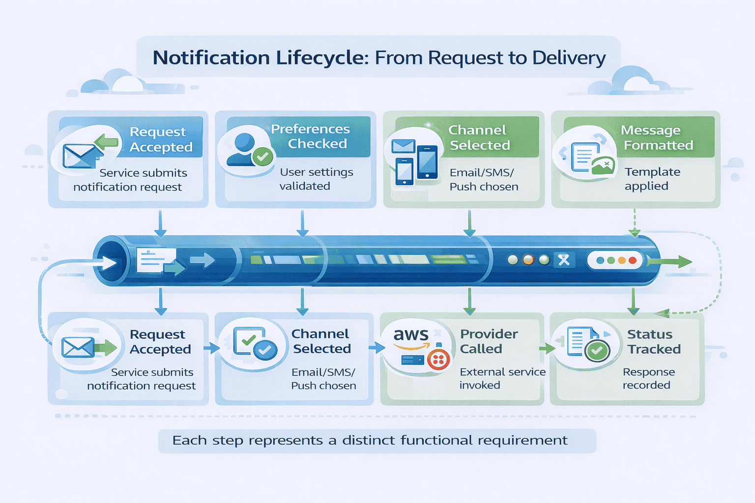 Generated with AI and Author: Vector-style flowchart showing the complete notification lifecycle from request acceptance through delivery confirmation, including preference checking, channel selection, retry logic, and audit trail creation
