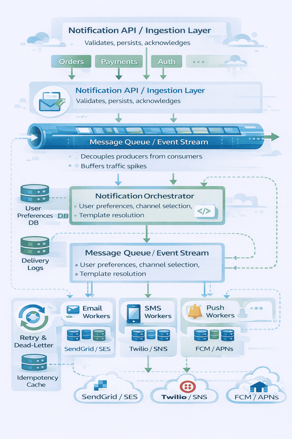 Generated with AI and Author: Vector-style system architecture diagram showing layered notification system with API gateway, message queue, orchestrator, channel workers (email, SMS, push), external providers, and retry/DLQ mechanisms