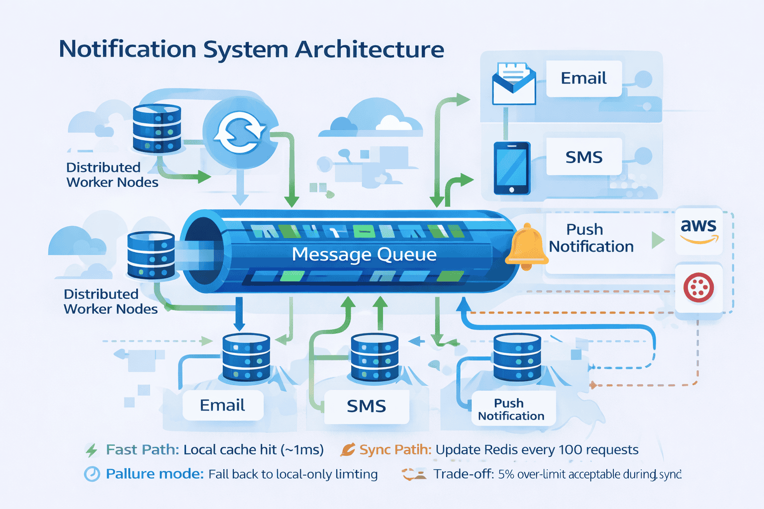 Generated with AI and Author: Vector-style illustration of a notification system architecture with message queue, multiple delivery channels including email, SMS, and push notifications, distributed workers, and retry mechanisms shown in clean geometric shapes with blue and green color palette