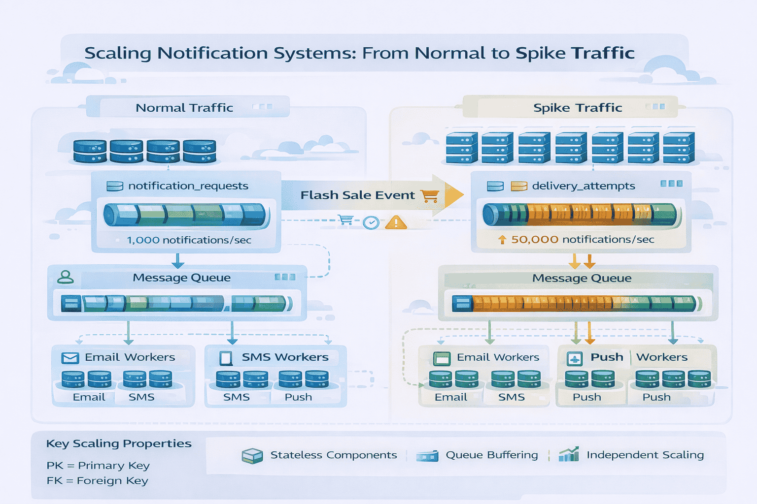 Generated with AI and Author: Vector-style illustration showing horizontal scaling of notification workers with queue partitions, worker pools autoscaling, and traffic spike absorption through buffering