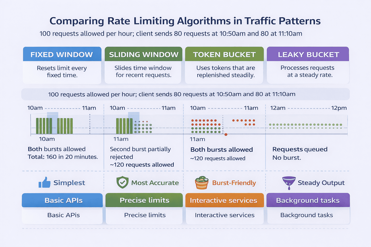 Generated with AI and Author: Side-by-side comparison showing how different algorithms handle burst traffic scenarios