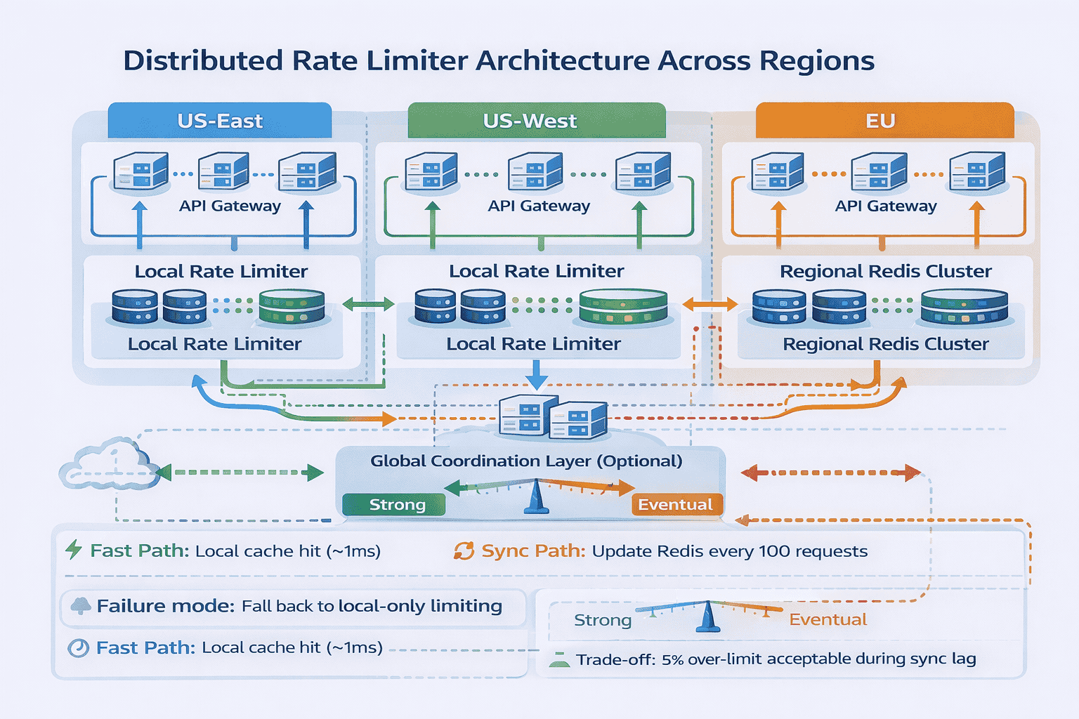 Generated with AI and Author: Multi-region distributed rate limiter architecture showing local caches and shared state synchronization
