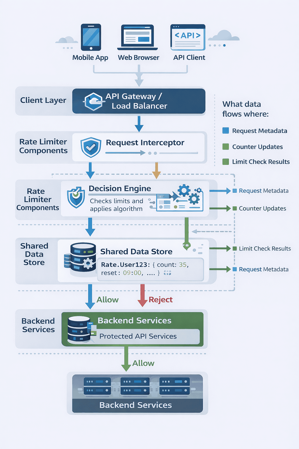 Generated with AI and Author: Layered architecture diagram showing rate limiter components and request flow