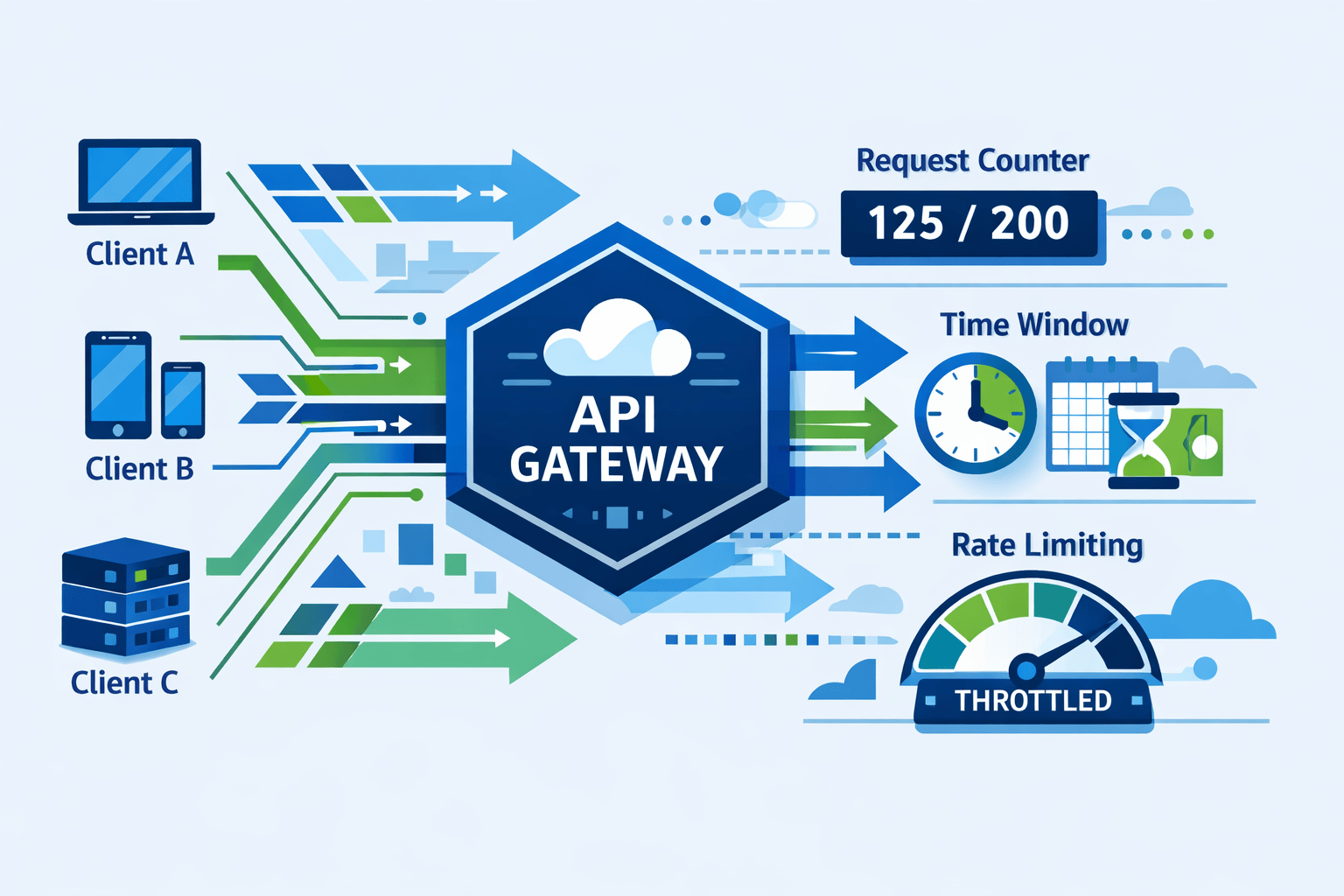 Generated with AI and Author: Vector illustration showing API gateway with traffic flow controls and rate limiting mechanisms