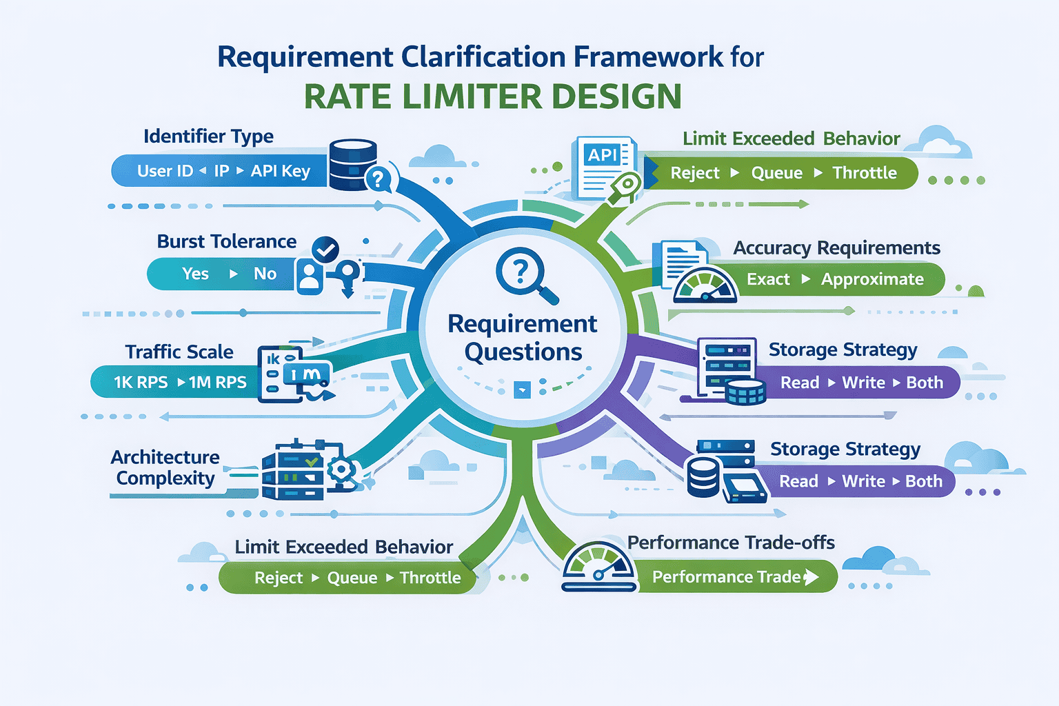 Generated with AI and Author: Visual framework showing key requirement clarification questions mapped to design decisions