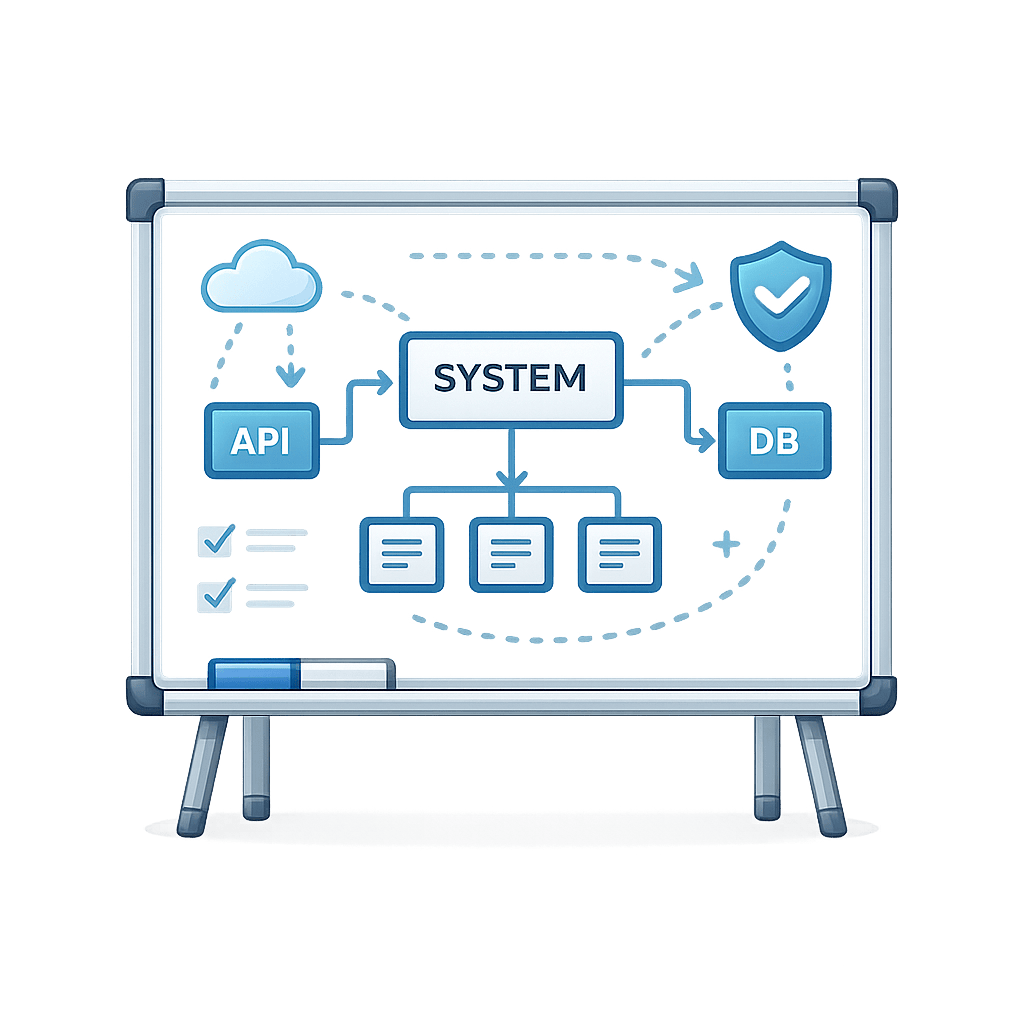 Generated with AI and Author: Interview whiteboard symbol with system design elements