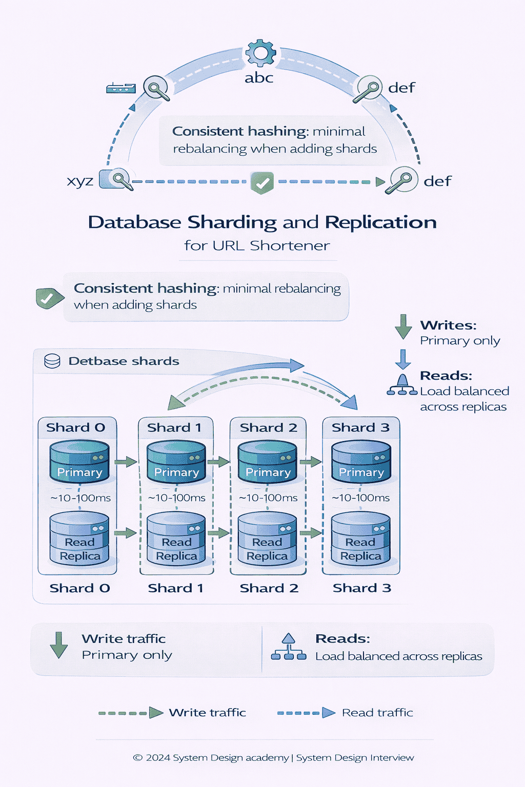 Generated with AI and Author: Database sharding and replication strategy diagram