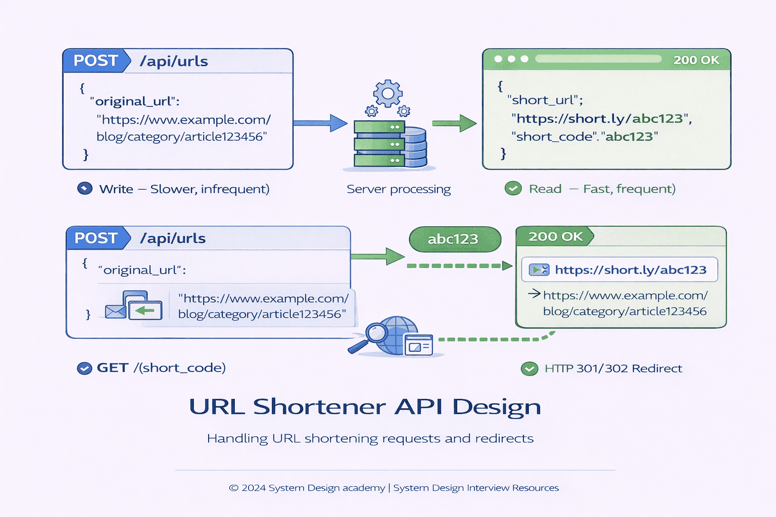 Generated with AI and Author: Infographic showing URL shortener API endpoints with request/response flow
