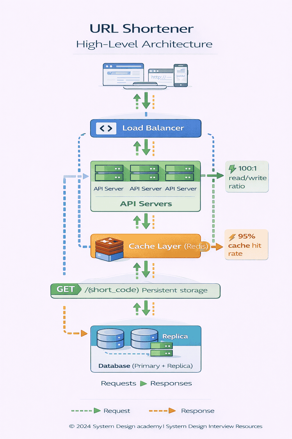 Generated with AI and Author: System architecture diagram showing load balancer, API servers, cache layer, and database
