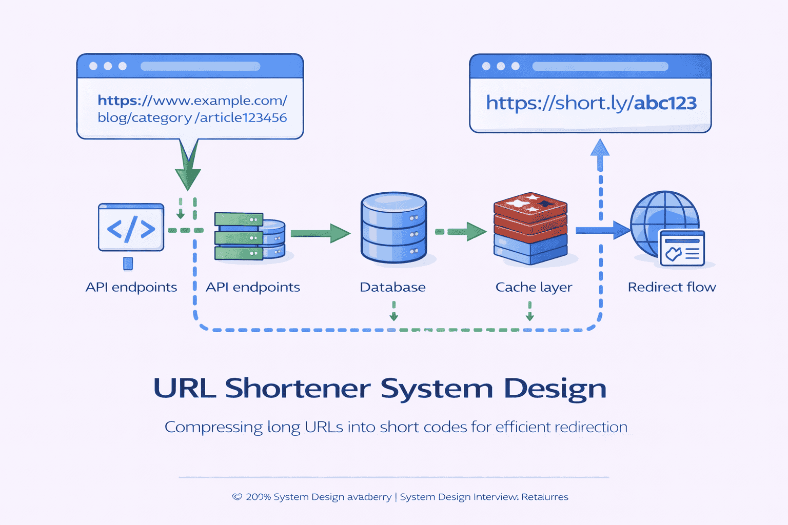 Generated with AI and Author: Vector-style illustration showing URL shortener system architecture with API gateway, database cluster, and cache layer
