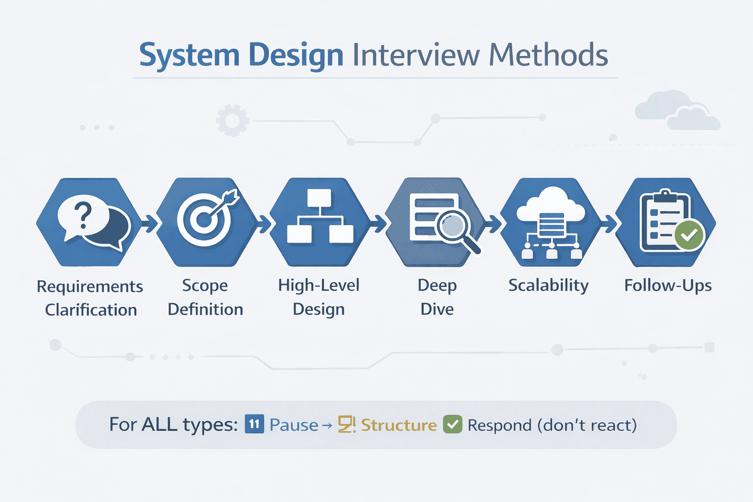 Generated with AI and Author: Vector illustration showing a system design interview framework with six connected steps flowing from requirements to architecture to scalability