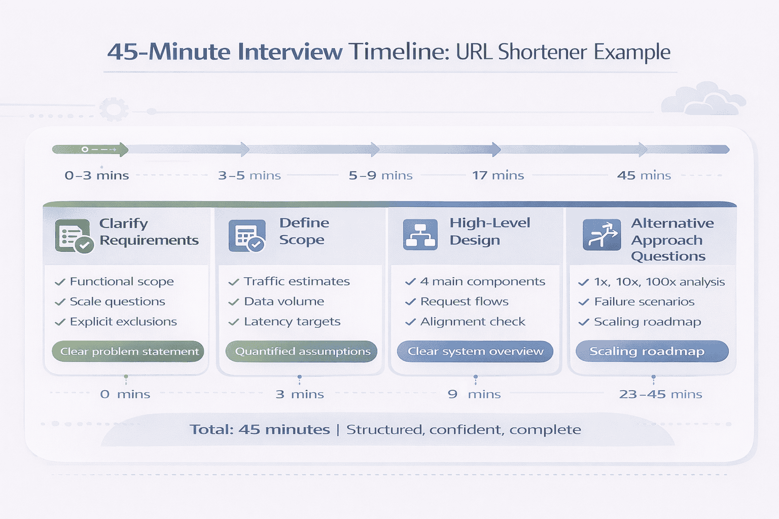 Generated with AI and Author: Timeline visualization showing the six-step method applied to a URL shortener interview