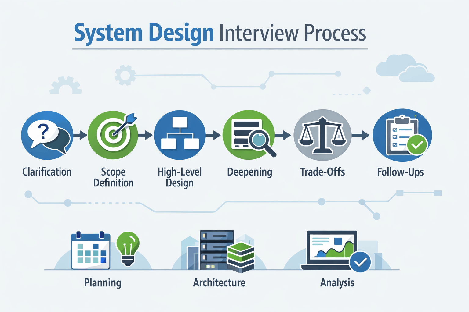 Generated with AI and Author: Vector illustration of a system design interview approach workflow