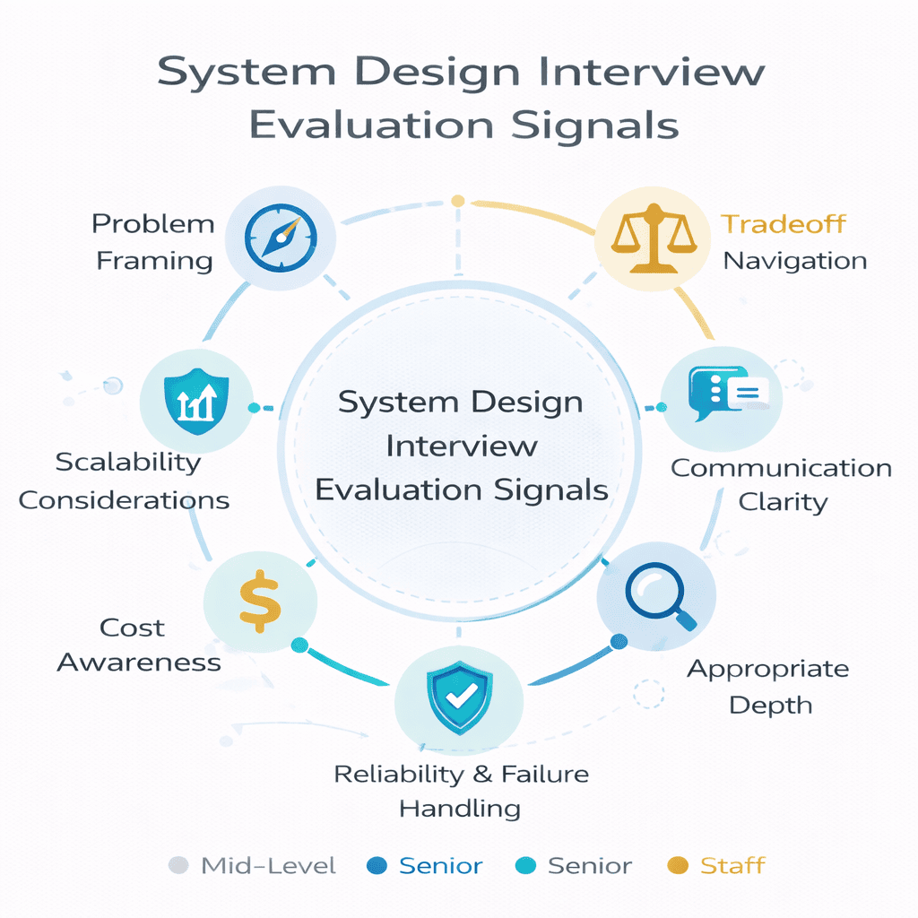 Generated with AI and Author: Visual breakdown of seven core evaluation signals in system design interviews with priority indicators