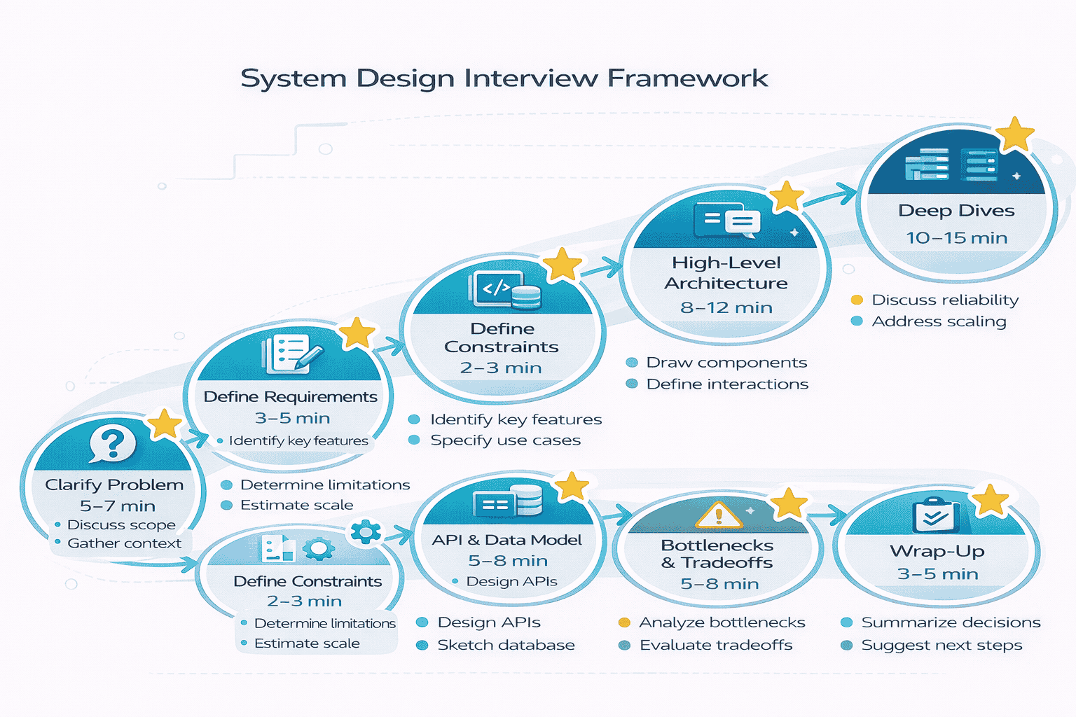 Generated with AI and Author: Step-by-step visual flow of the complete system design interview framework from requirements to wrap-up
