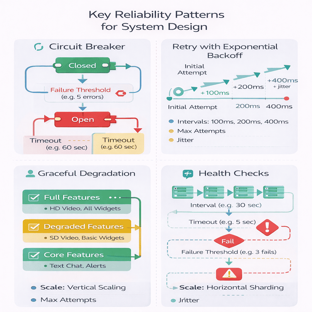 Generated with AI and Author: Visual guide to key reliability patterns including circuit breakers, retries, and graceful degradation