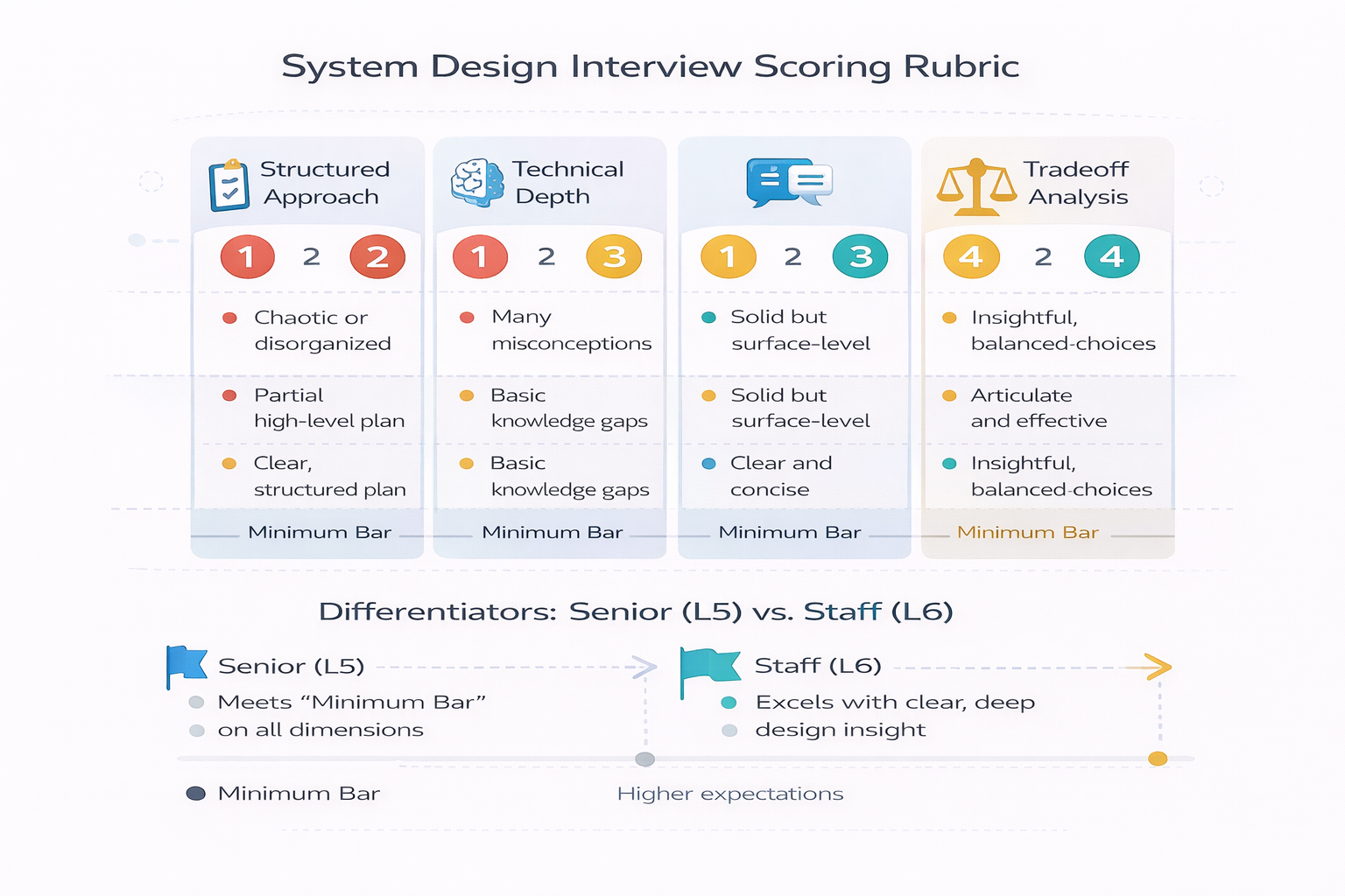 Generated with AI and Author: Visual representation of system design interview scoring rubric showing four main categories and scoring criteria from 1-4