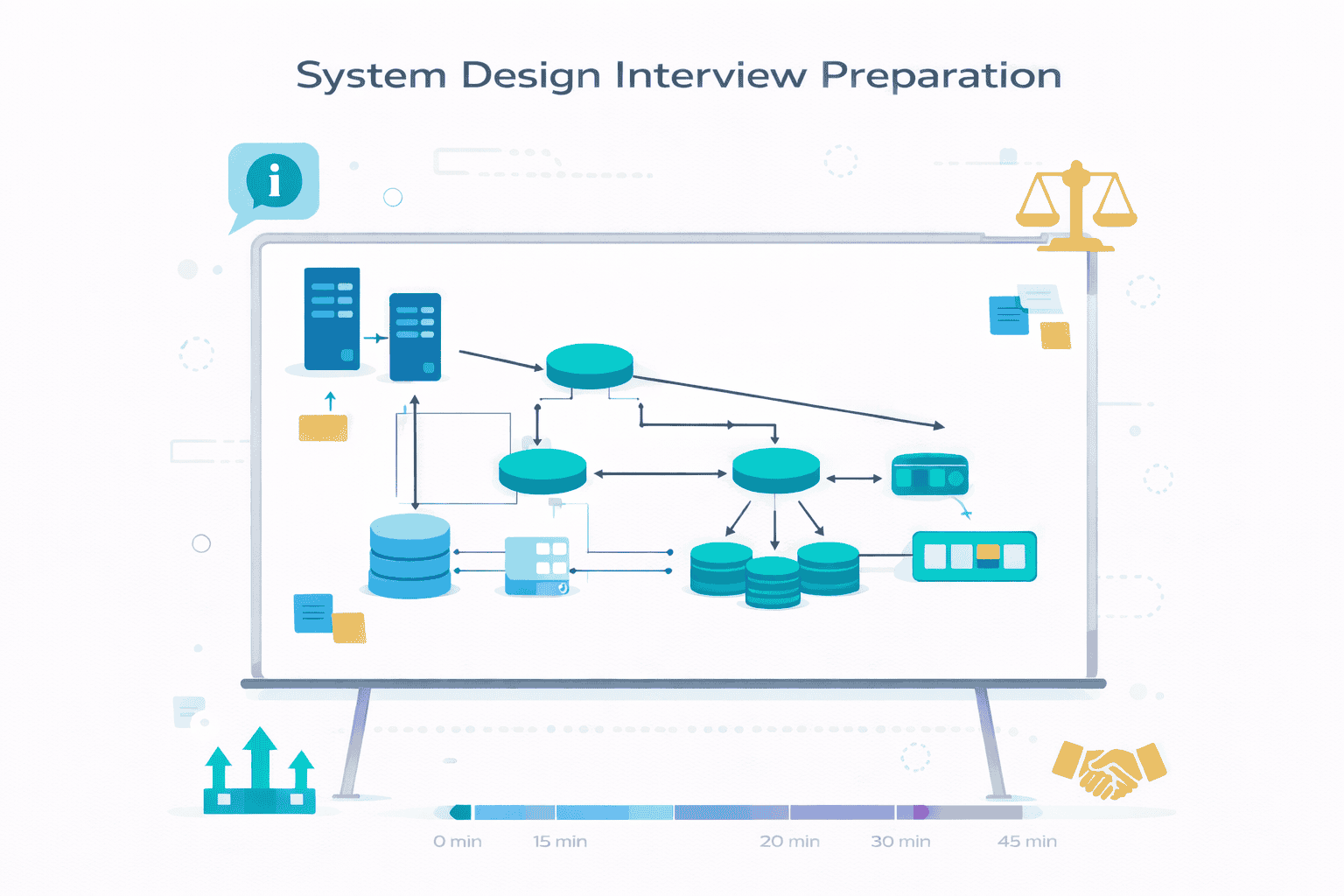 Generated with AI and Author: Vector illustration showing system design interview preparation concepts with architectural diagrams, whiteboard elements, and engineering tools