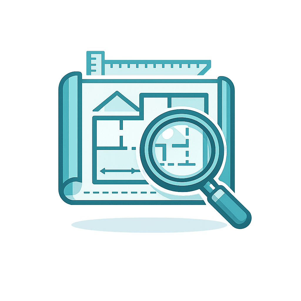 Generated with AI and Author: Magnifying glass examining blueprint symbol