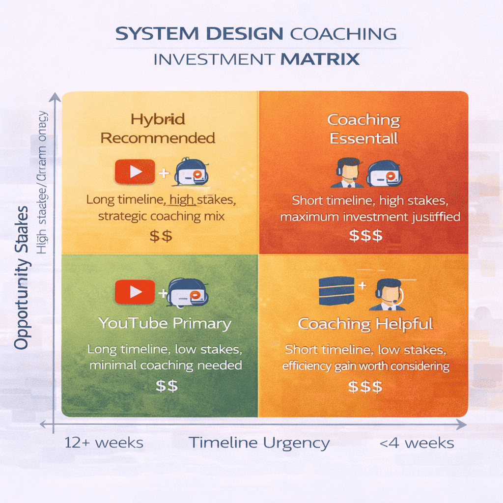 Generated with AI and Author: 2x2 decision matrix showing when coaching investment makes sense based on timeline urgency and stakes