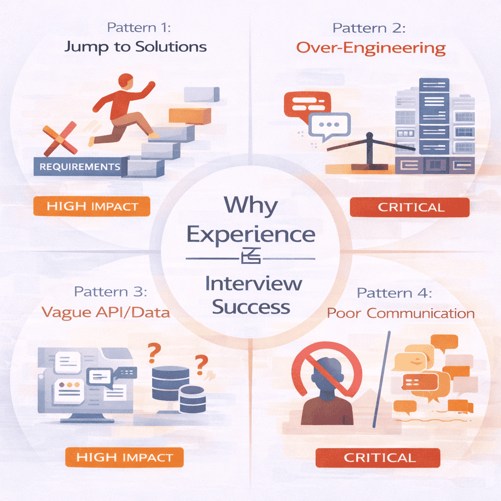 Generated with AI and Author: Infographic showing the four common failure patterns that cause experienced engineers to fail system design interviews