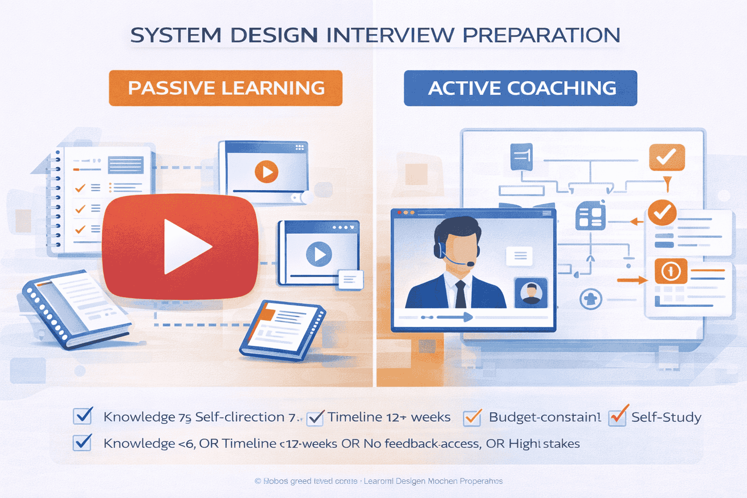 Generated with AI and Author: Vector-style illustration comparing YouTube learning and professional coaching for system design interviews, showing split screen with video platform on left and interactive coaching session on right