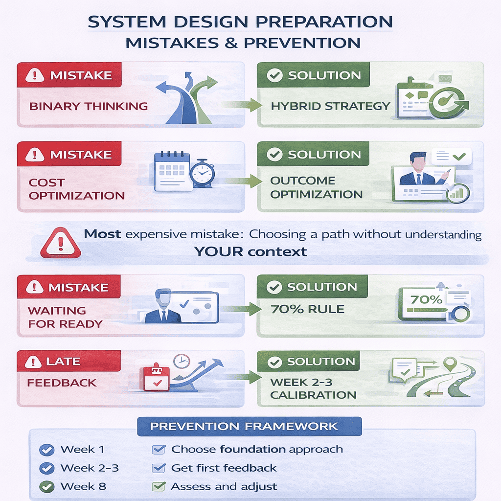Generated with AI and Author: Visual framework showing the 6 biggest preparation mistakes and their prevention strategies with checkpoint icons