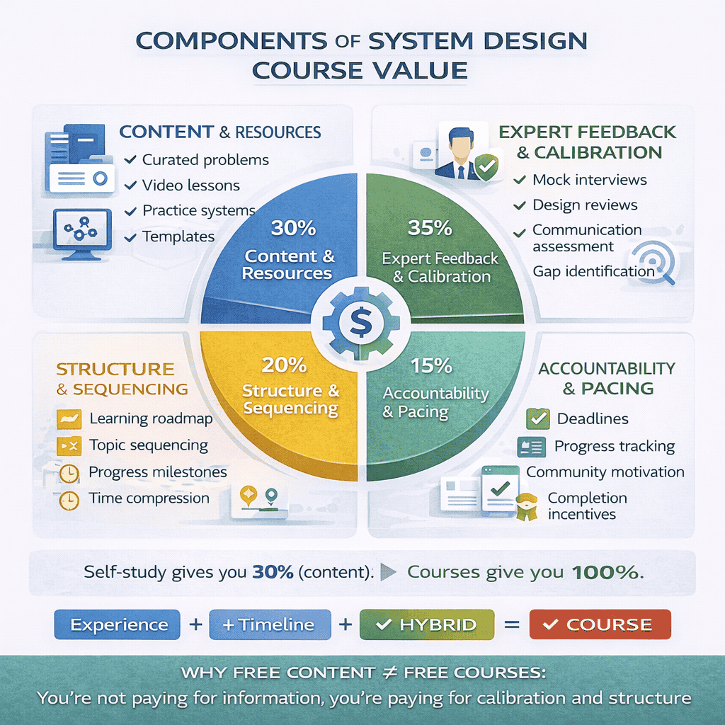 Generated with AI and Author: Breakdown of where course value comes from - showing that content is only 30% of value, with feedback, structure, and accountability comprising the other 70%