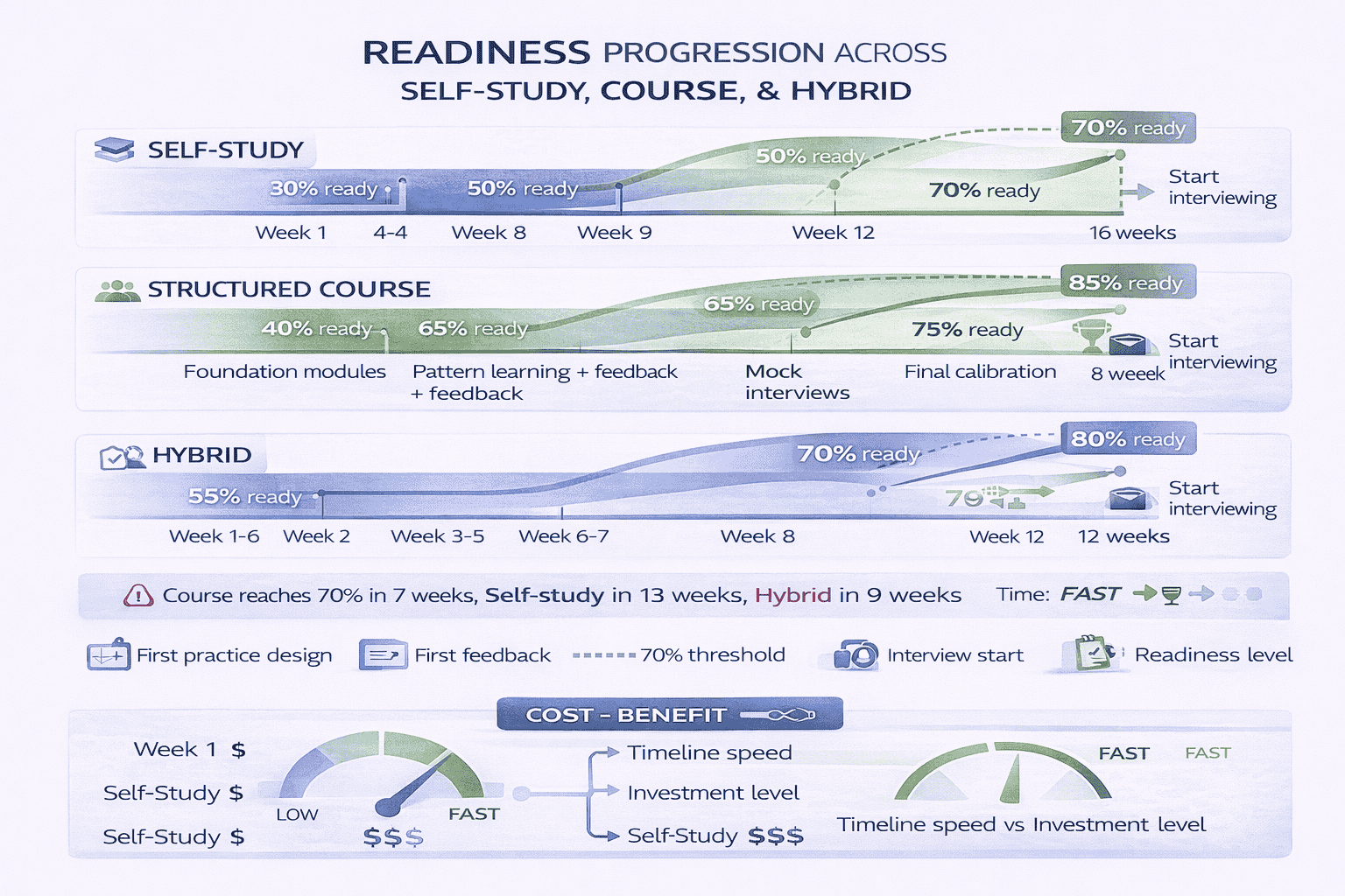 Generated with AI and Author: Timeline showing how interview readiness progresses differently for self-study vs course vs hybrid approaches, with confidence levels and key milestones marked