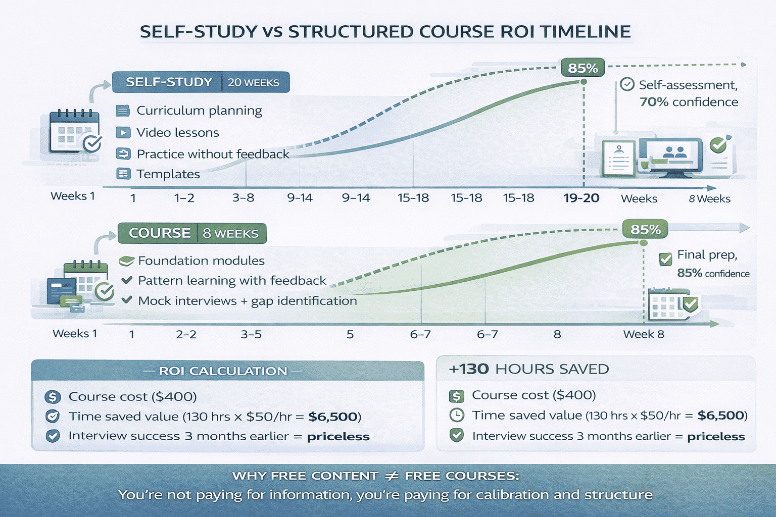 Generated with AI and Author: Side-by-side timeline comparison showing self-study taking 20 weeks vs course taking 8 weeks, with cumulative confidence levels and key milestones marked