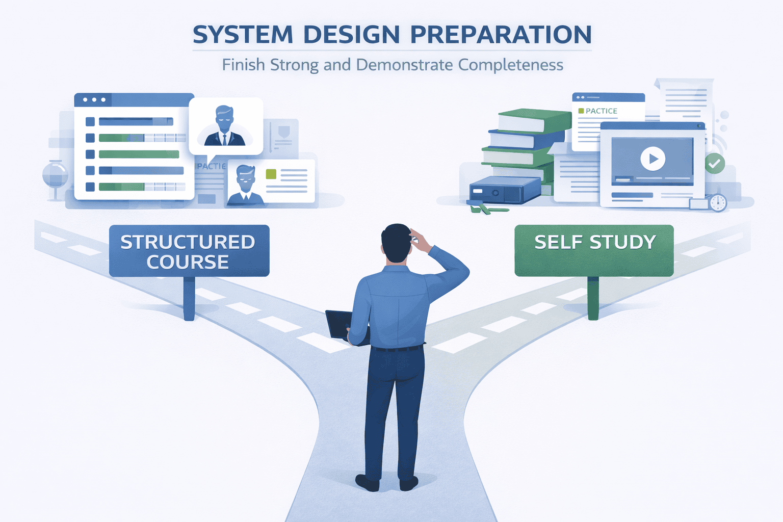 Generated with AI and Author: Vector illustration showing a software engineer at a crossroads, one path labeled 'Structured Course' with organized modules and milestones, the other labeled 'Self-Study' with books and scattered learning resources