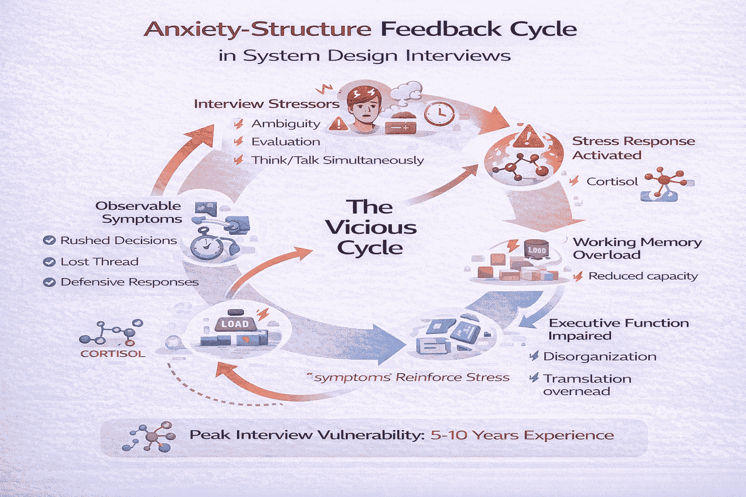 Generated with AI and Author: Circular diagram showing how interview stressors lead to anxiety, which impairs structure, creating more anxiety