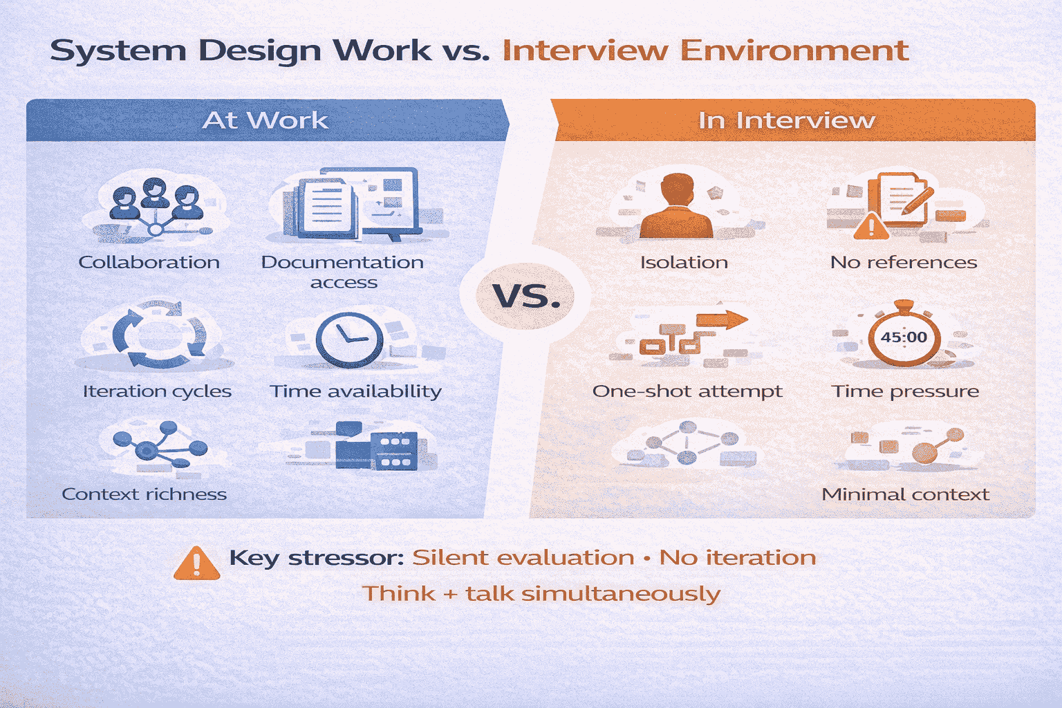 Generated with AI and Author: Side-by-side comparison of system design at work versus in interviews