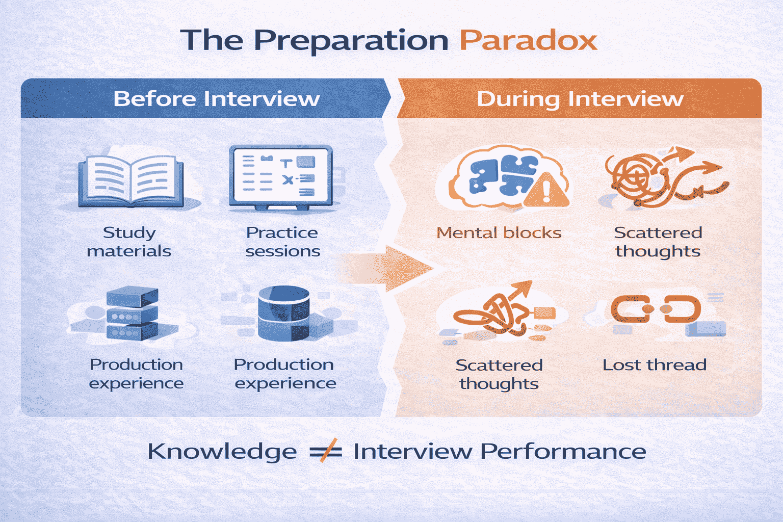 Generated with AI and Author: Comparison infographic showing preparation activities versus interview performance symptoms