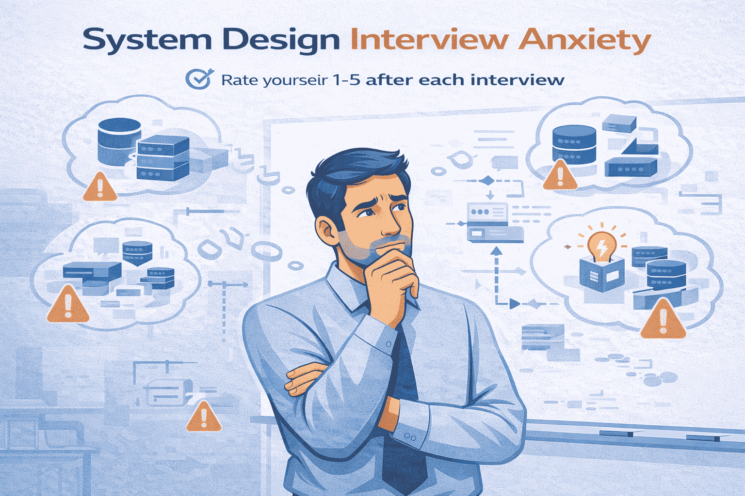 Generated with AI and Author: Vector illustration showing an engineer at a whiteboard with scattered thought bubbles representing system components, visual metaphor for cognitive overload during interviews