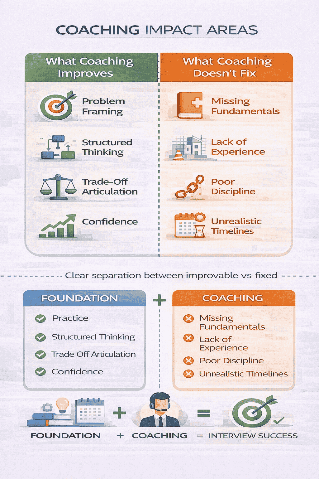 Generated with AI and Author: Visual breakdown of what coaching improves versus doesn't change