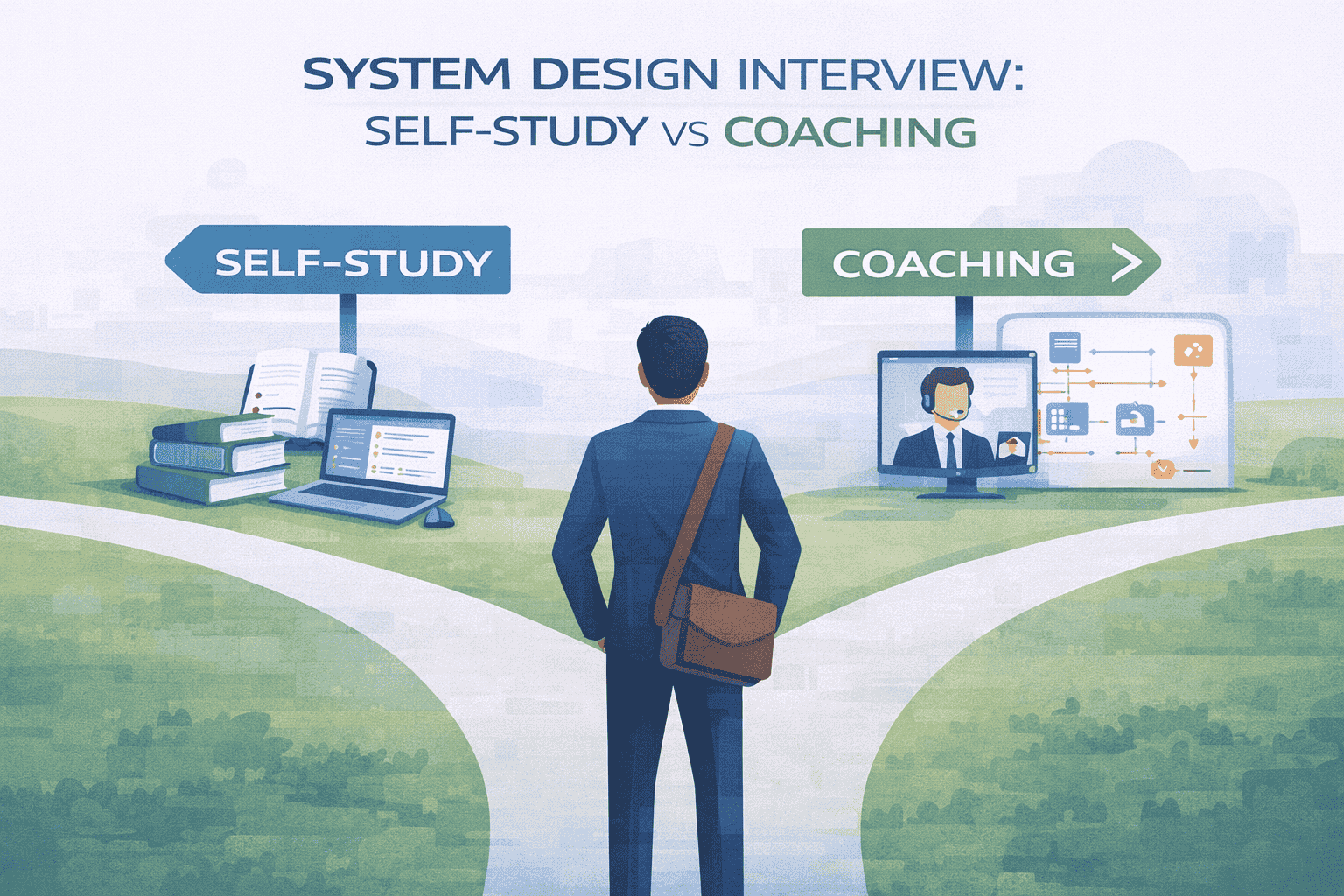Generated with AI and Author: Vector illustration showing a senior engineer at a crossroads between self-study and coaching paths