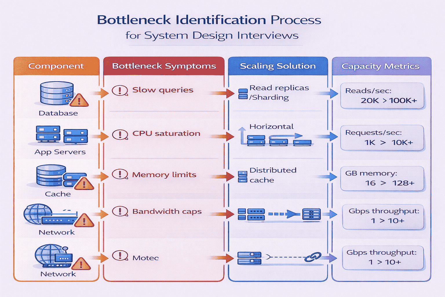 Generated with AI and Author: Visual guide showing how to identify bottlenecks component by component with scaling solutions for database, application servers, and cache layers