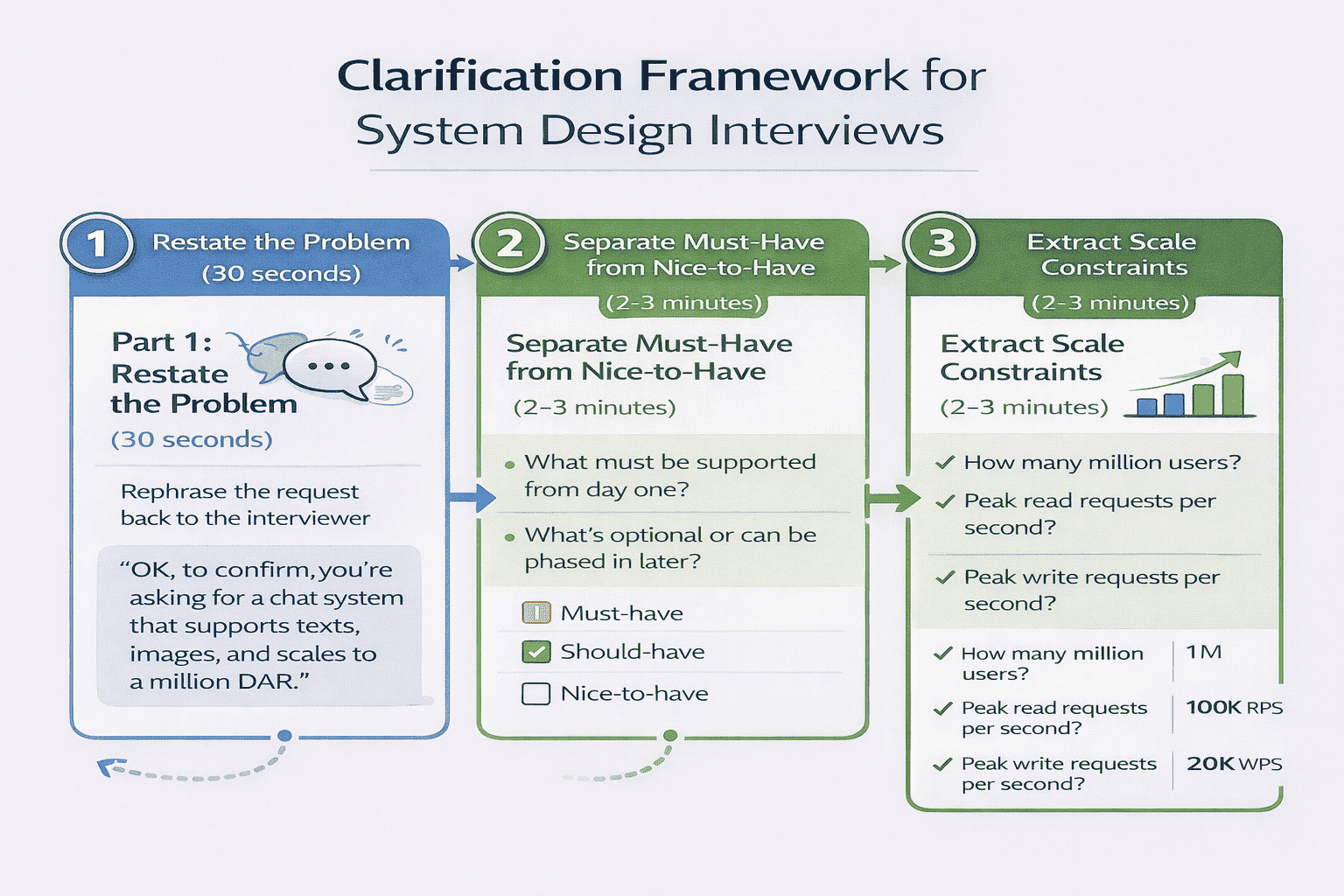 Generated with AI and Author: Three-step clarification framework showing restate, prioritize features, and extract constraints with example questions for each phase