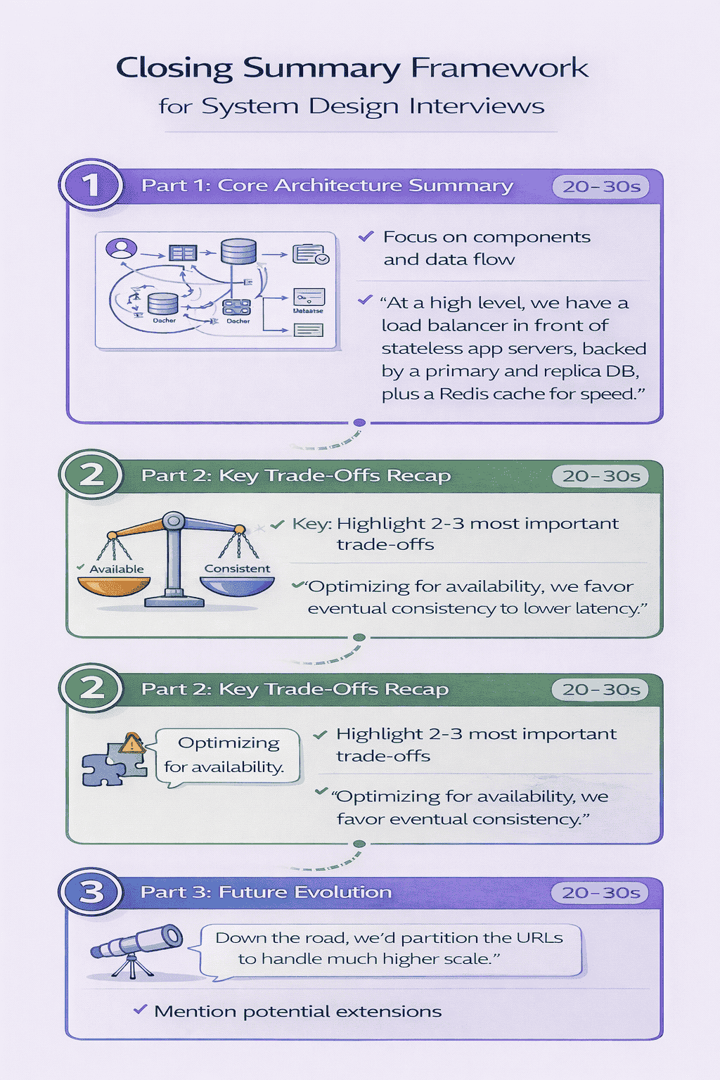 Generated with AI and Author: Three-part closing summary structure showing core architecture, key trade-offs, and future evolution with timing for each section