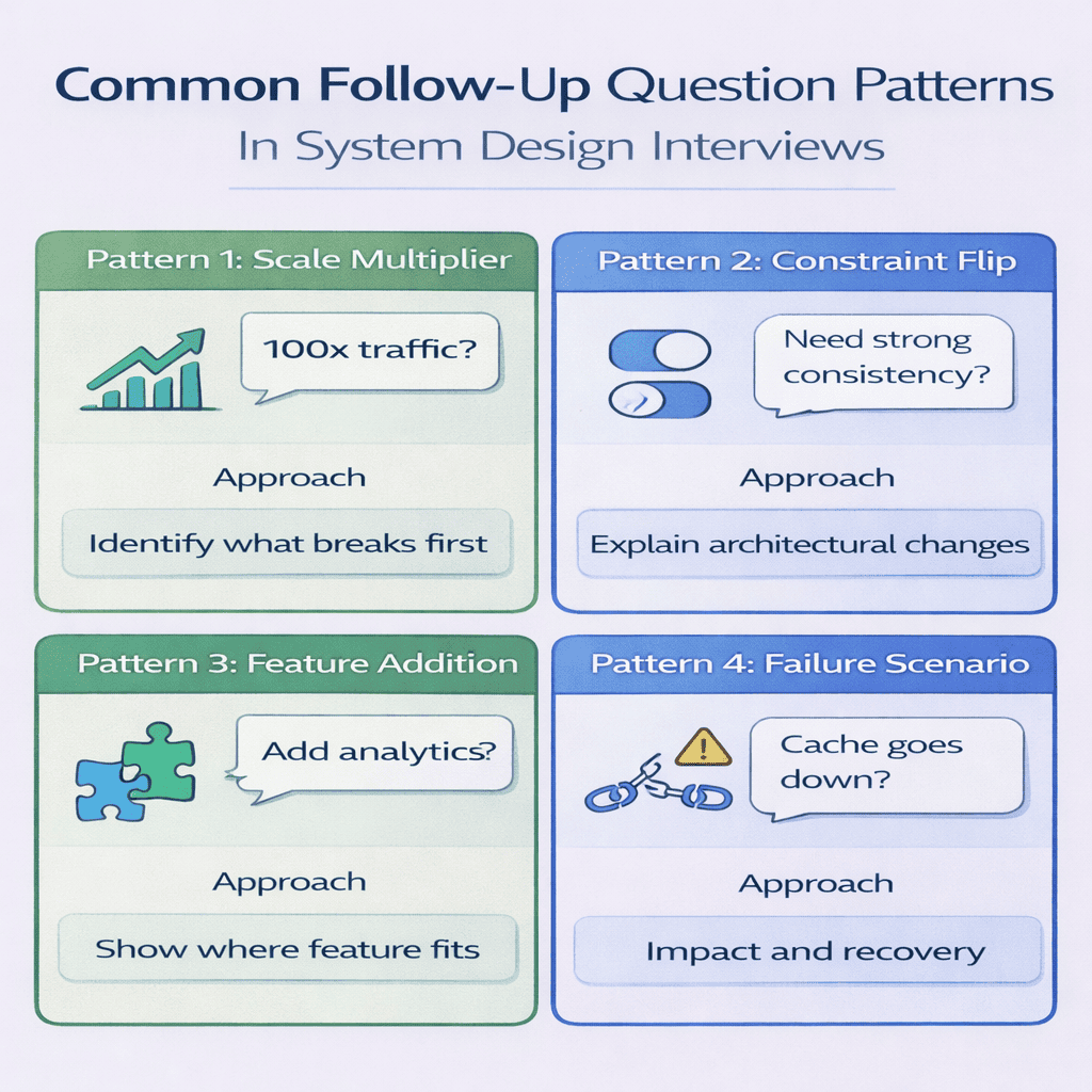 Generated with AI and Author: Four common follow-up patterns with example questions and response frameworks for each pattern type