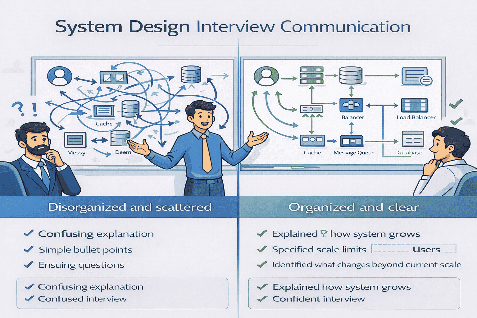 Generated with AI and Author: Vector illustration of a system design interview showing a candidate explaining architecture diagrams on a whiteboard to an interviewer